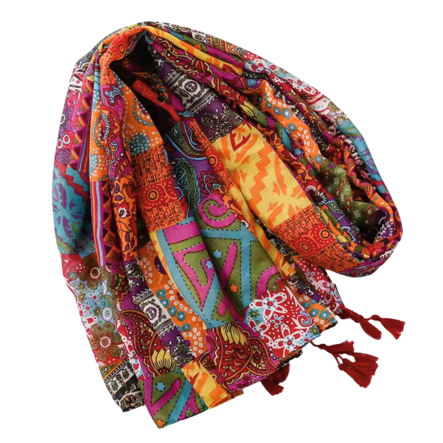 Boho Patchwork Print Scarf with Tassel Accents