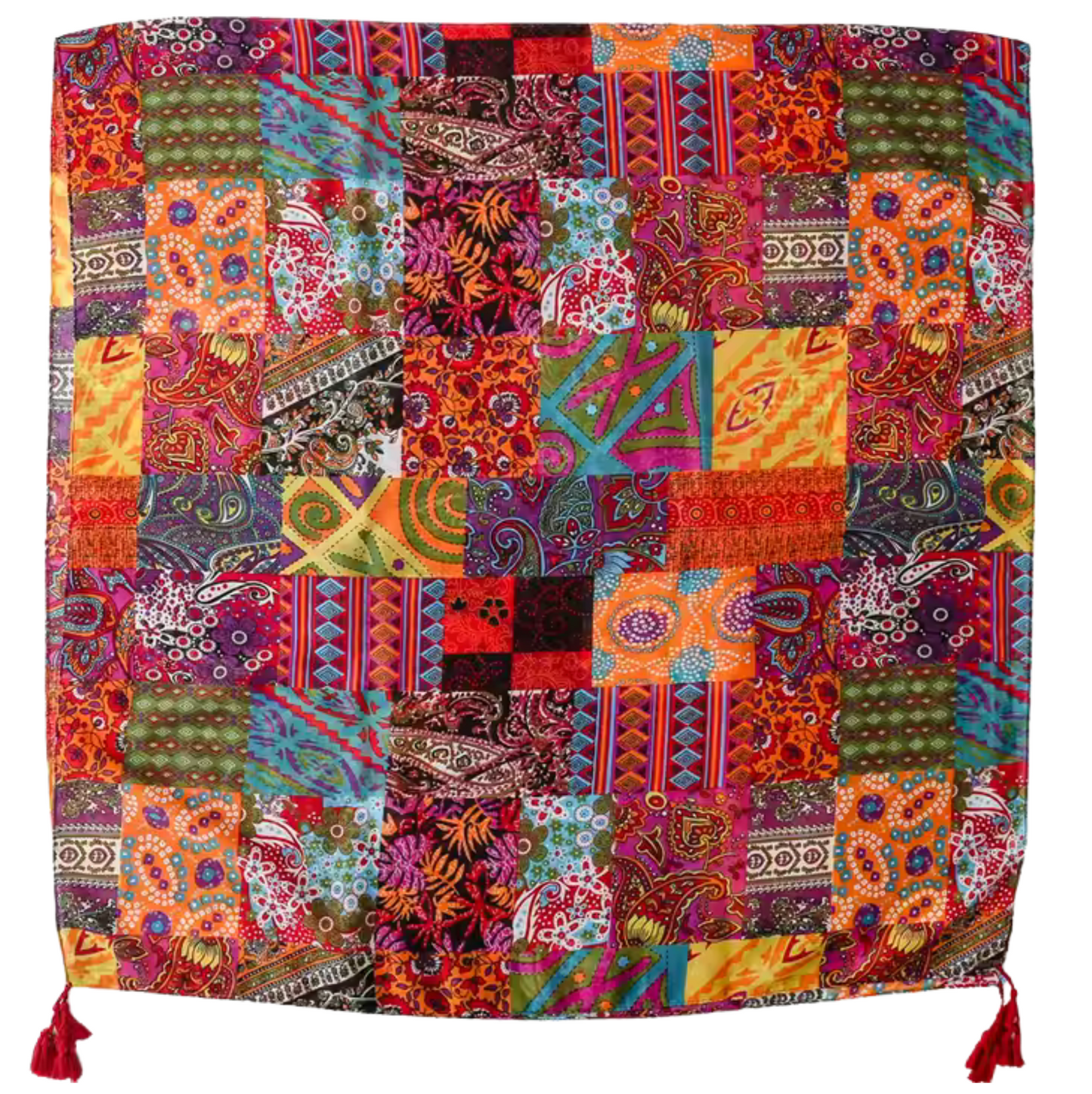 Boho Patchwork Print Scarf with Tassel Accents