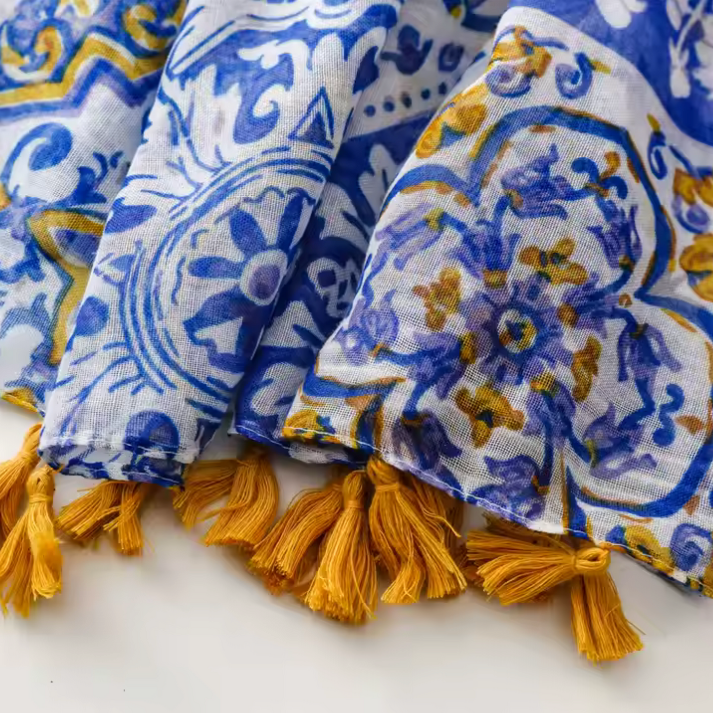 Mediterranean Tile Print Scarf with Tassel Accents