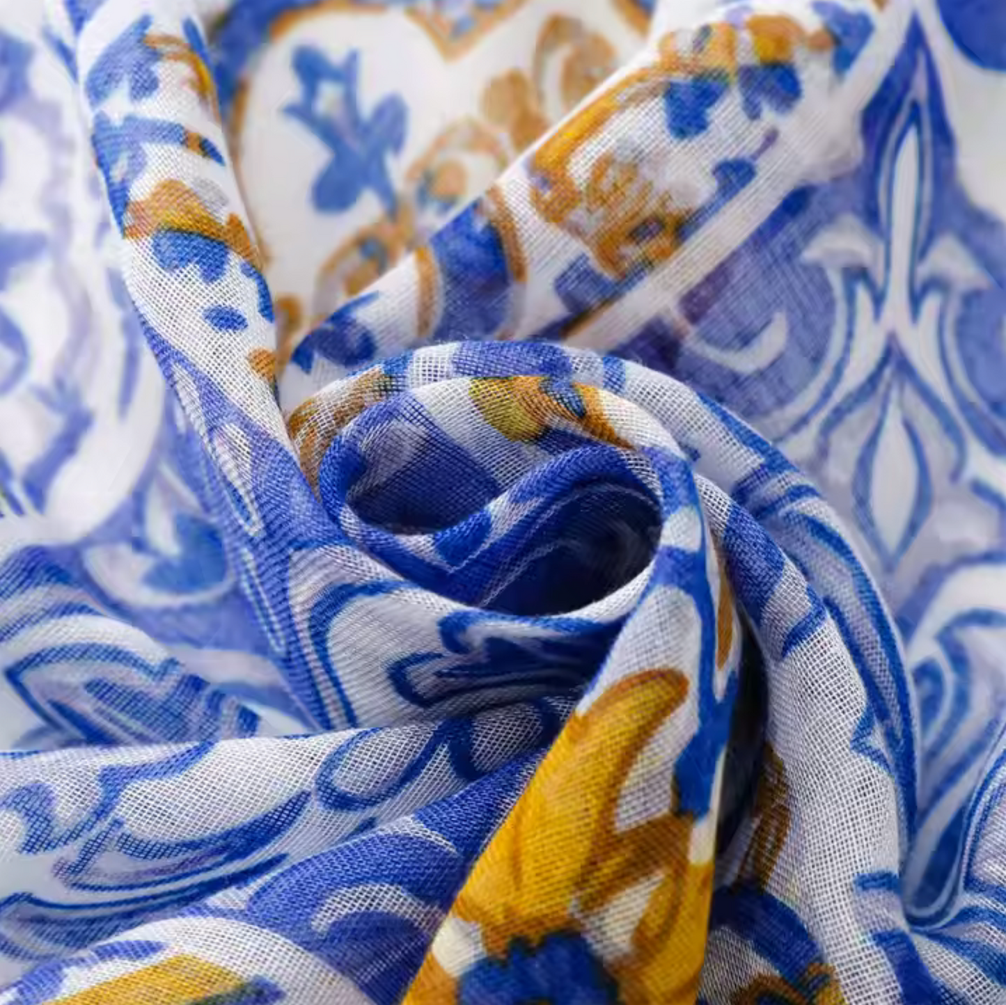 Mediterranean Tile Print Scarf with Tassel Accents