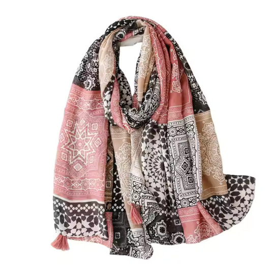 Bohemian Geometric Print Scarf with Tassel Accents
