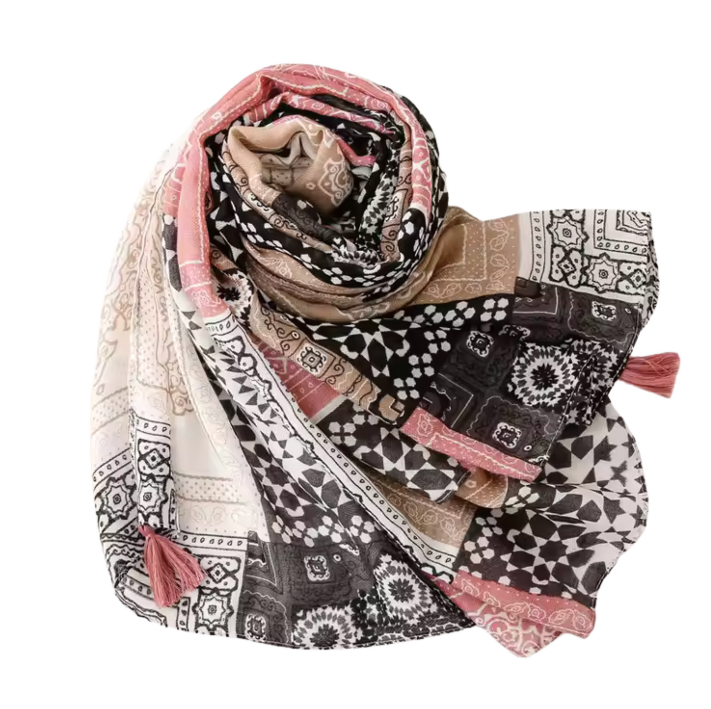 Bohemian Geometric Print Scarf with Tassel Accents