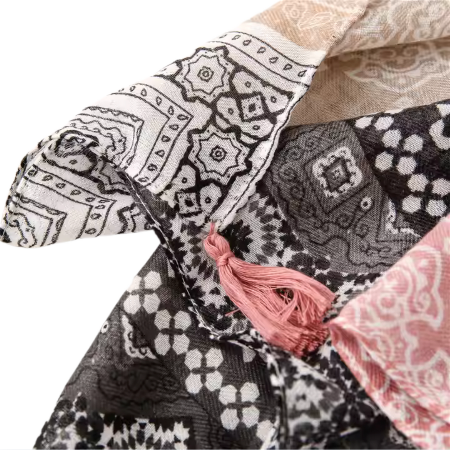 Bohemian Geometric Print Scarf with Tassel Accents