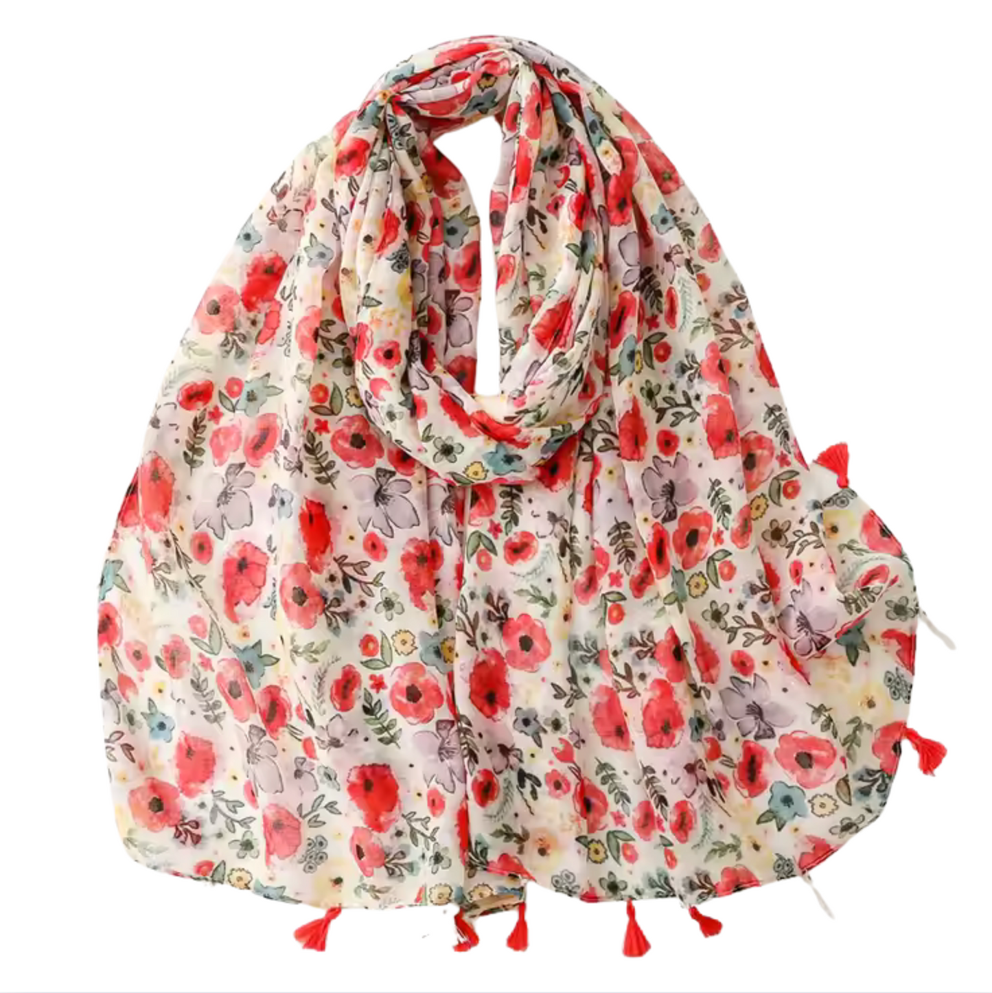Floral Poppy Print Scarf with Tassel Accents