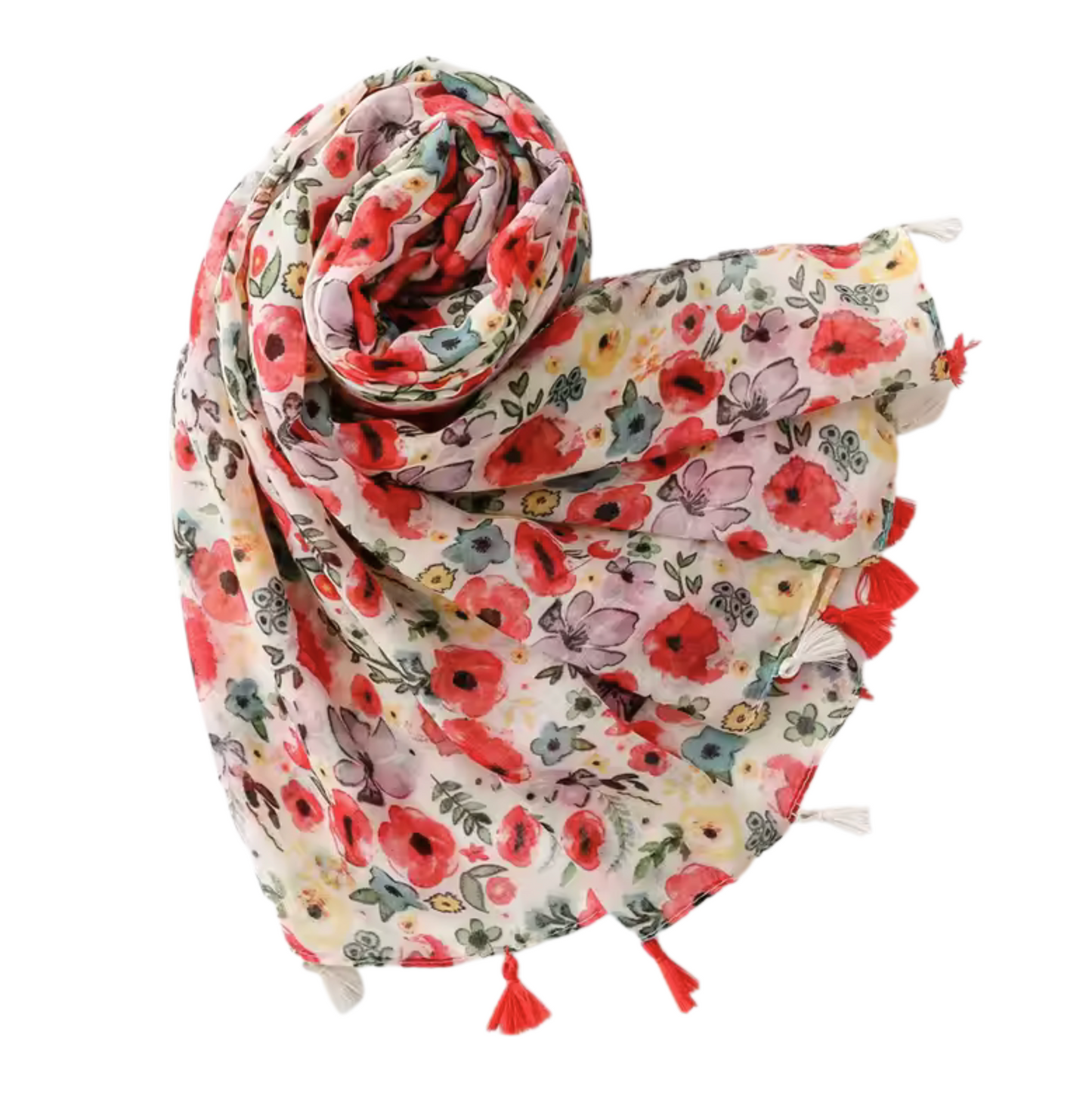 Floral Poppy Print Scarf with Tassel Accents