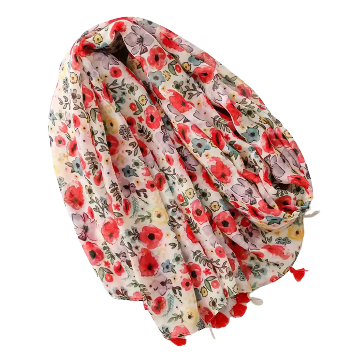 Floral Poppy Print Scarf with Tassel Accents