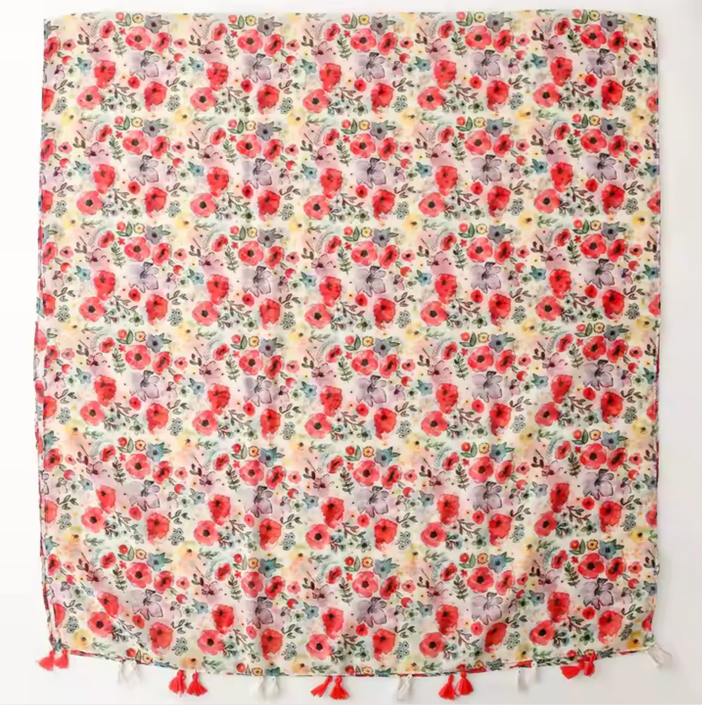 Floral Poppy Print Scarf with Tassel Accents