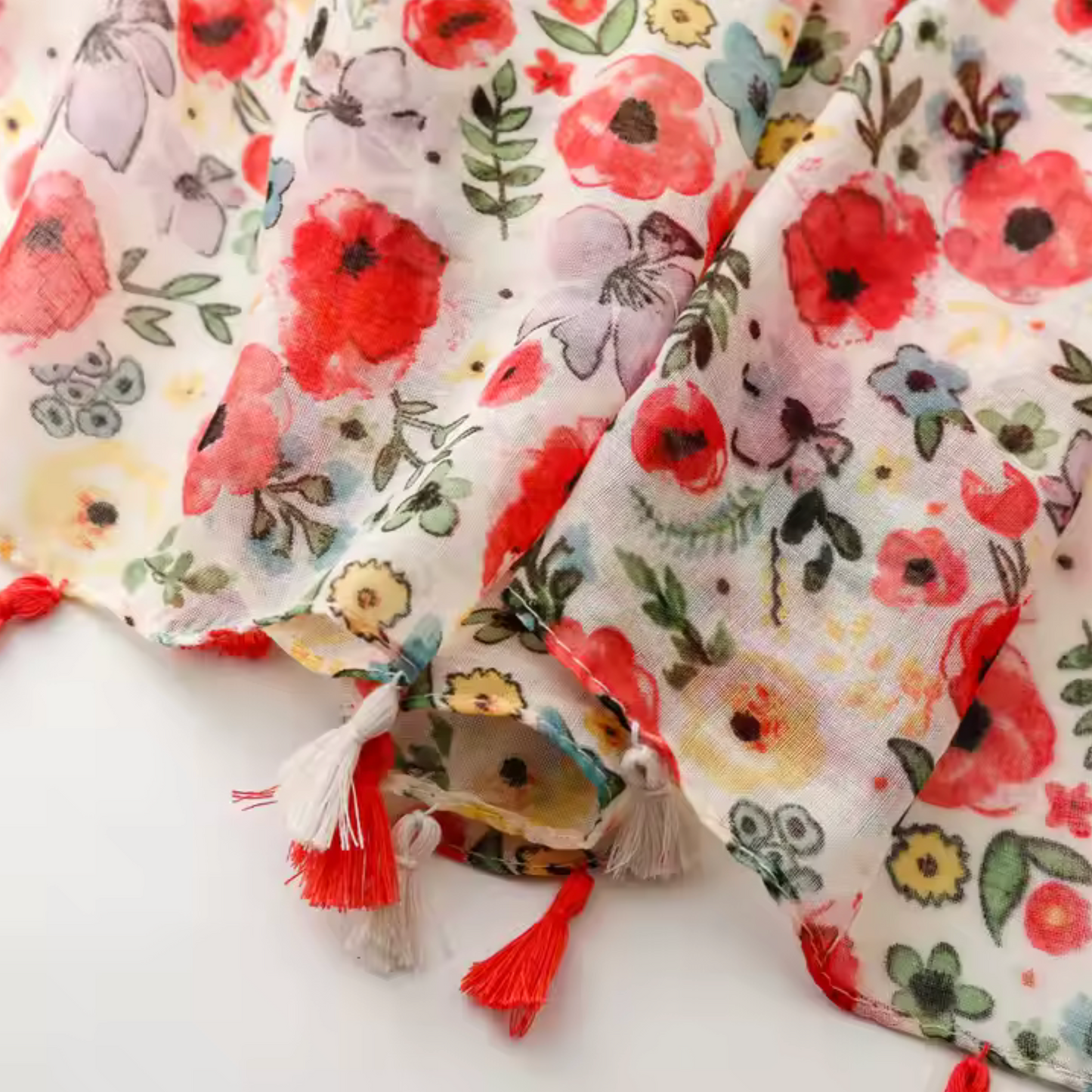 Floral Poppy Print Scarf with Tassel Accents