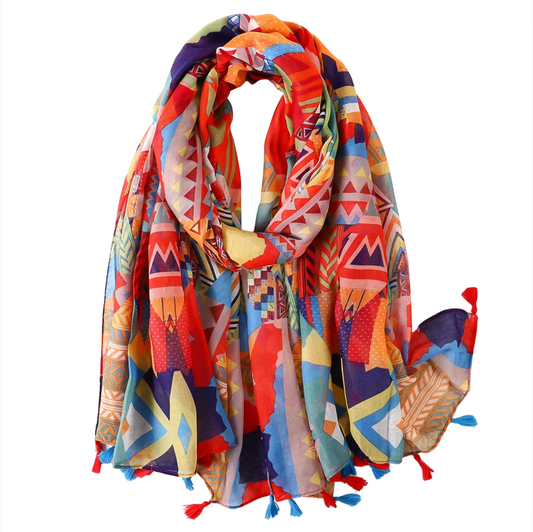Bold Print Scarf with Tassel Accents