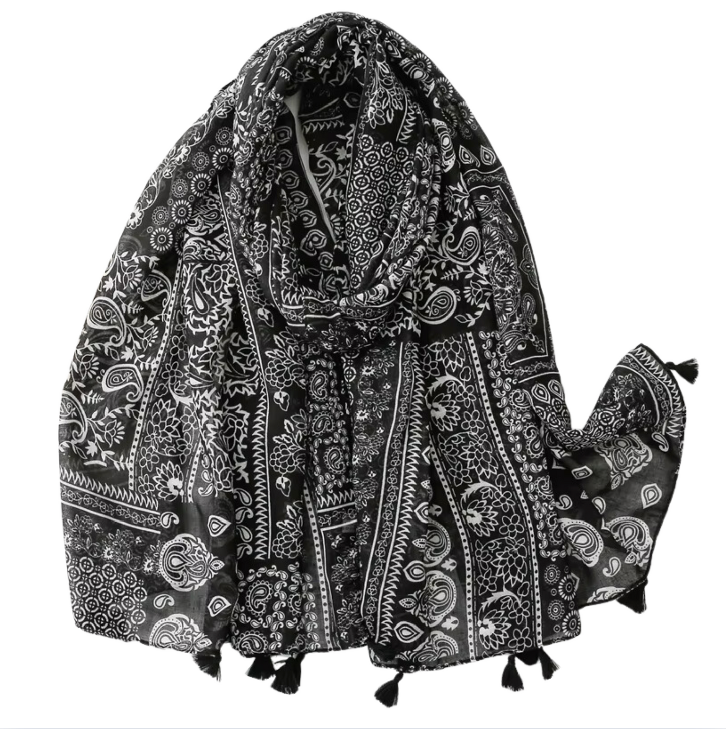 Bold Black-and-White Paisley Scarf with Tassels