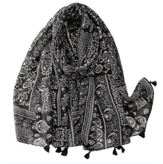 Bold Black-and-White Paisley Scarf with Tassels