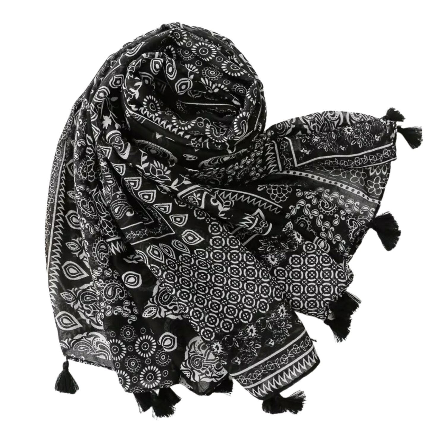 Bold Black-and-White Paisley Scarf with Tassels