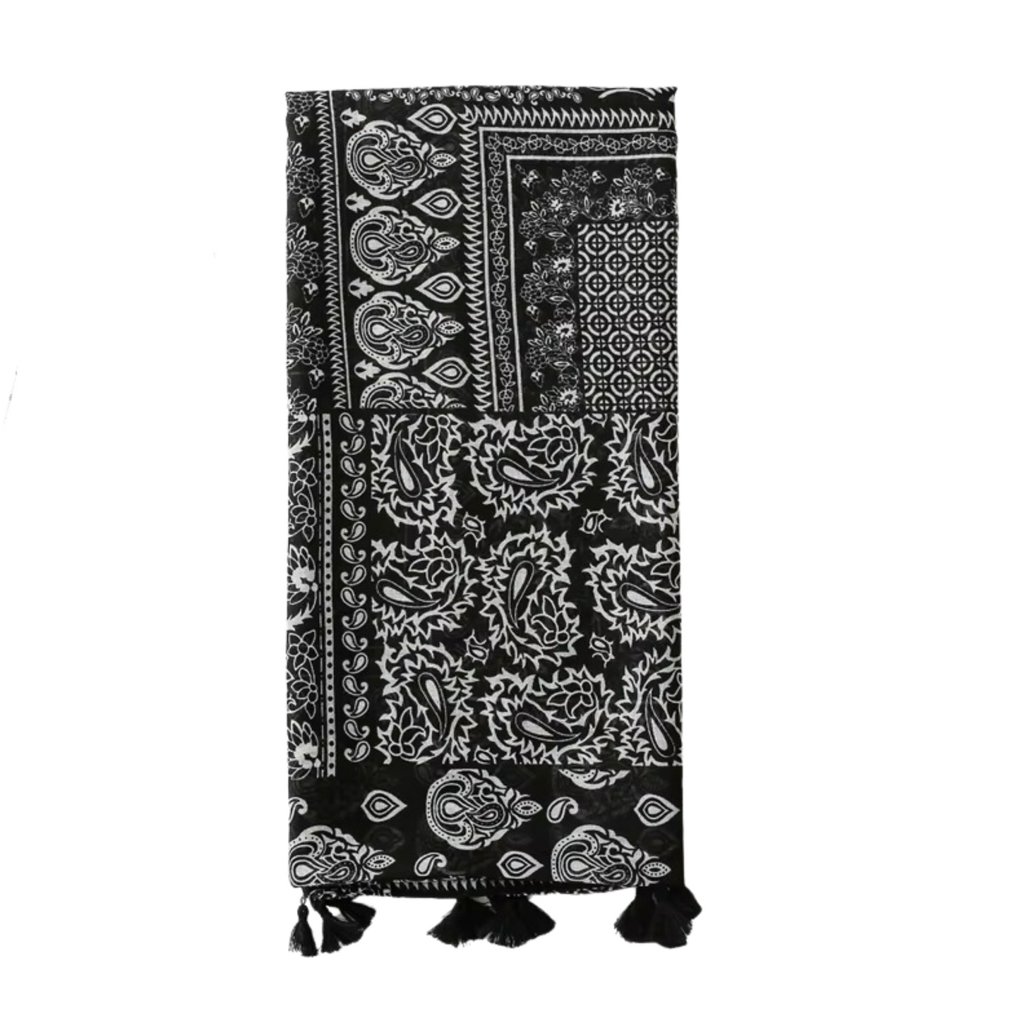 Bold Black-and-White Paisley Scarf with Tassels