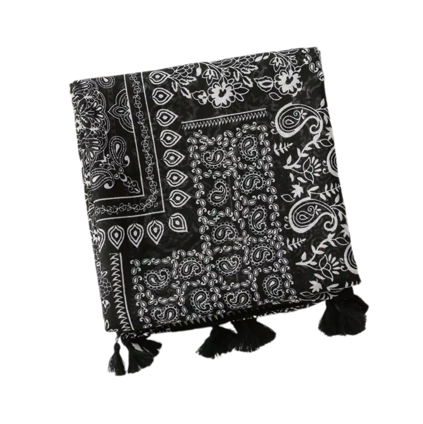 Bold Black-and-White Paisley Scarf with Tassels