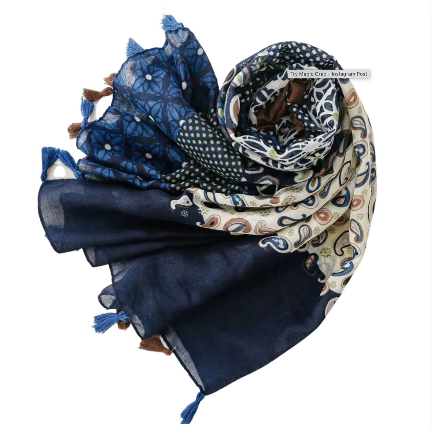 Vibrant Patchwork Inspired Navy and Earth Tone Scarf with Tassels
