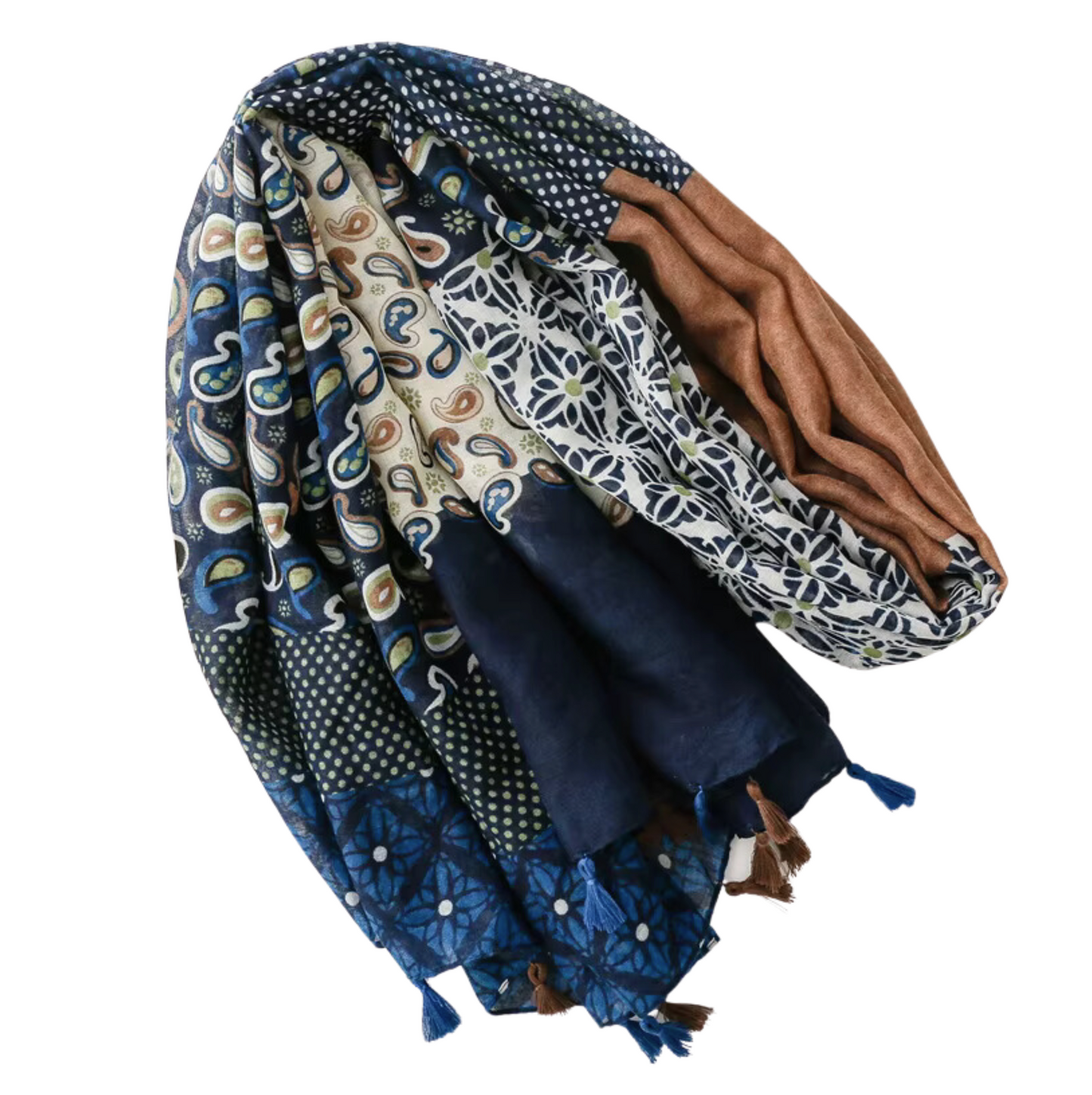 Vibrant Patchwork Inspired Navy and Earth Tone Scarf with Tassels