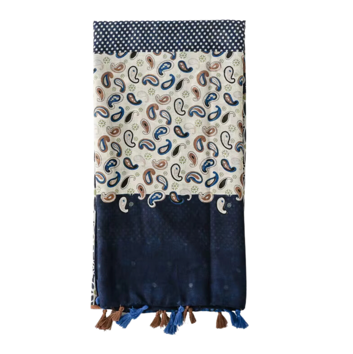 Vibrant Patchwork Inspired Navy and Earth Tone Scarf with Tassels