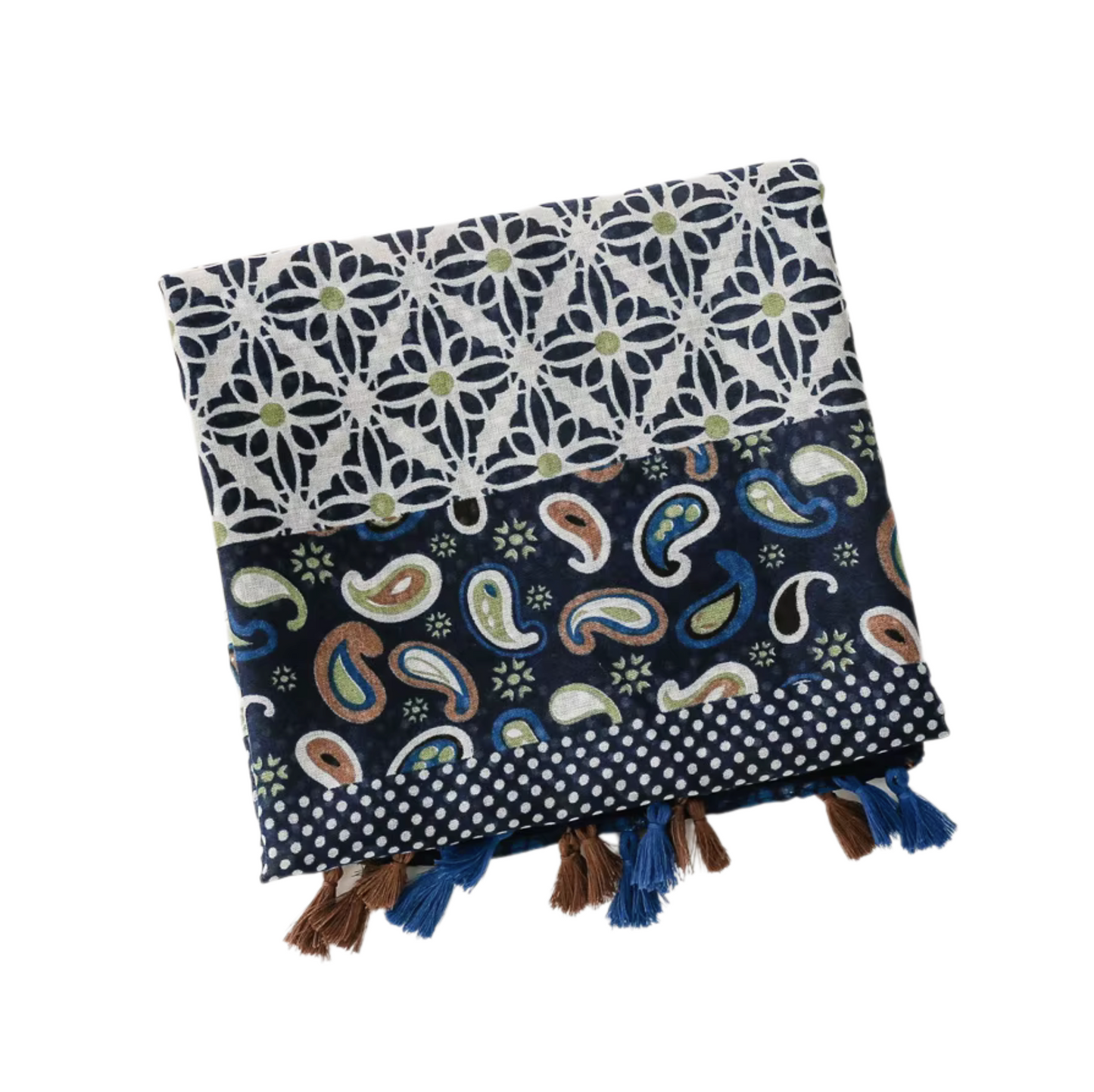 Vibrant Patchwork Inspired Navy and Earth Tone Scarf with Tassels