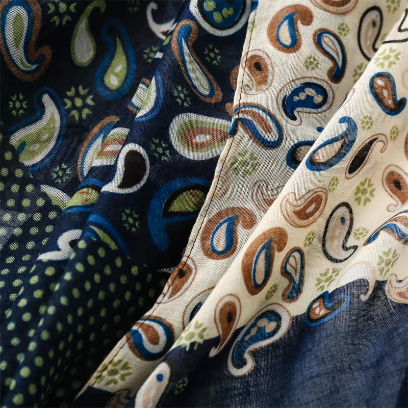 Vibrant Patchwork Inspired Navy and Earth Tone Scarf with Tassels