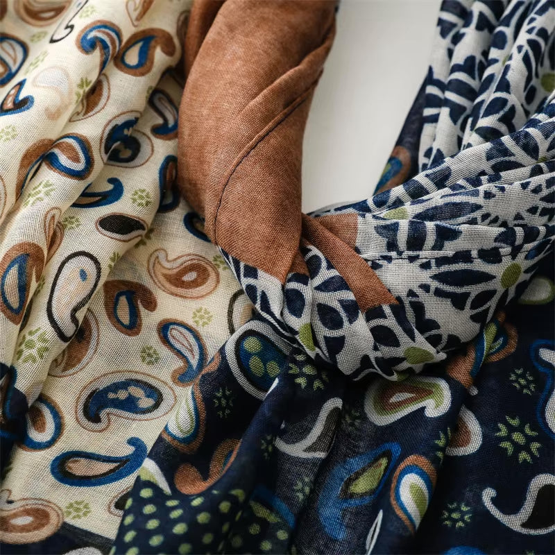 Vibrant Patchwork Inspired Navy and Earth Tone Scarf with Tassels