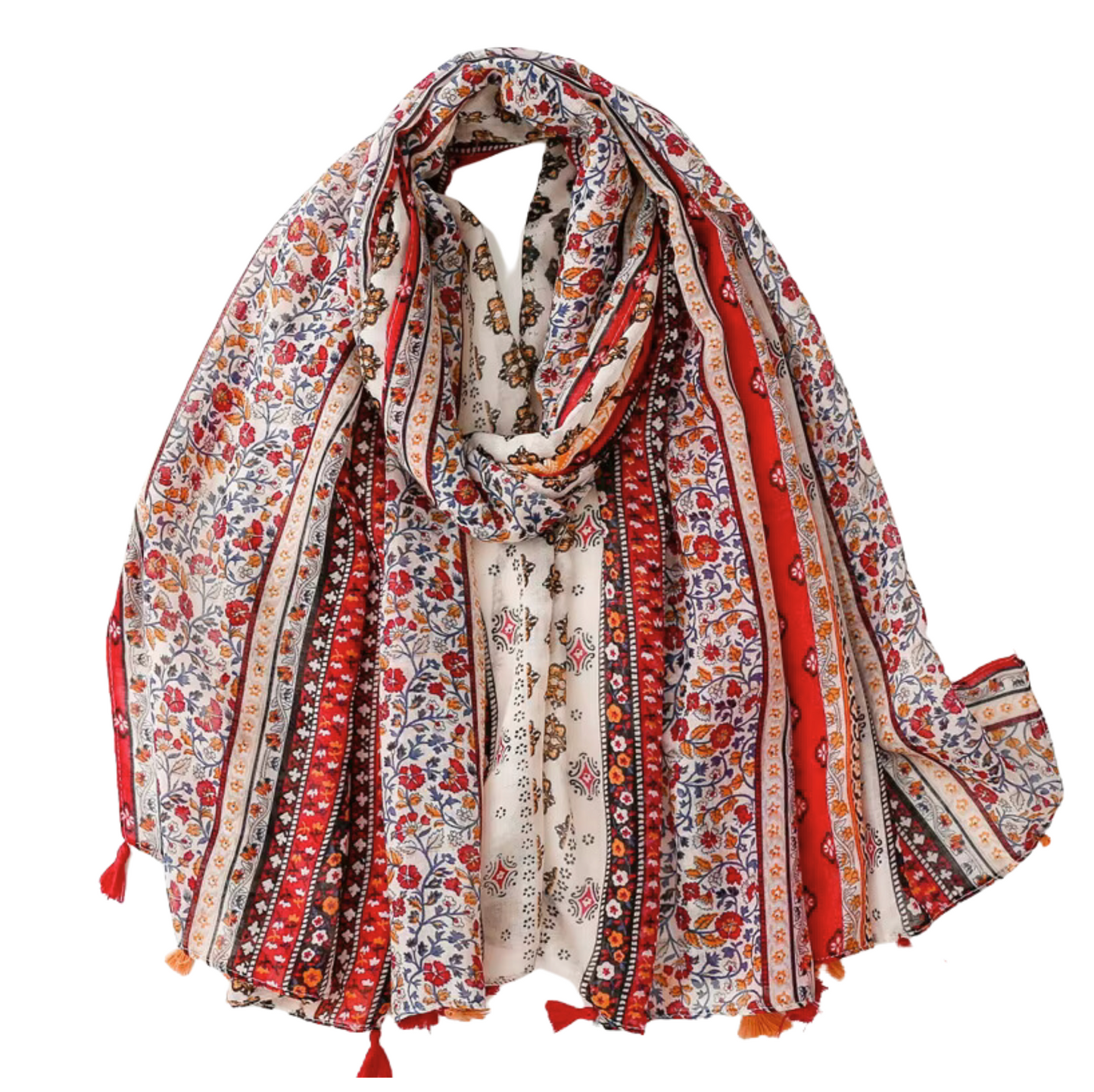 Vibrant Rich Red Tone and Floral Scarf with Tassels