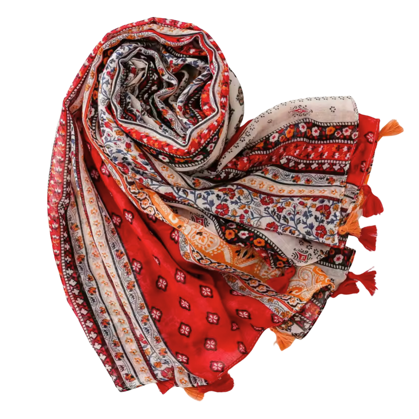 Vibrant Rich Red Tone and Floral Scarf with Tassels