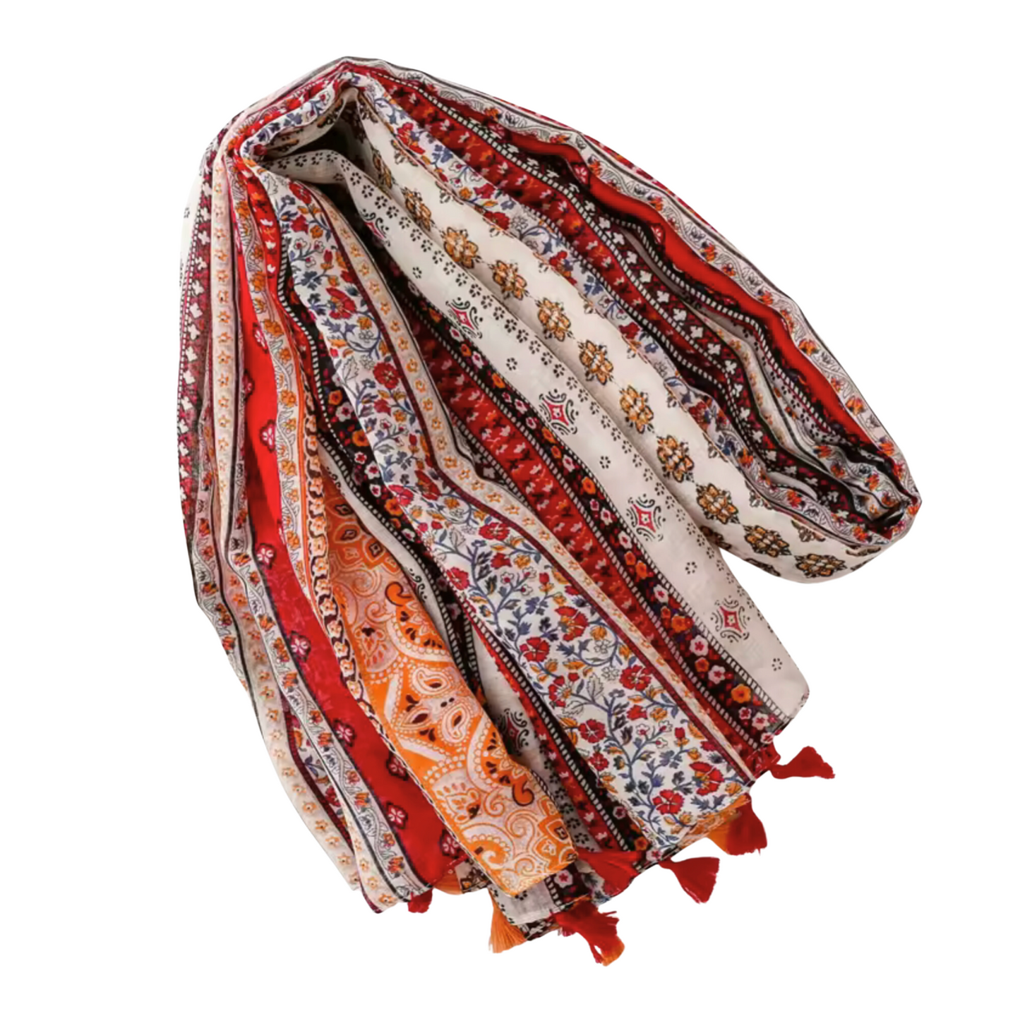 Vibrant Rich Red Tone and Floral Scarf with Tassels