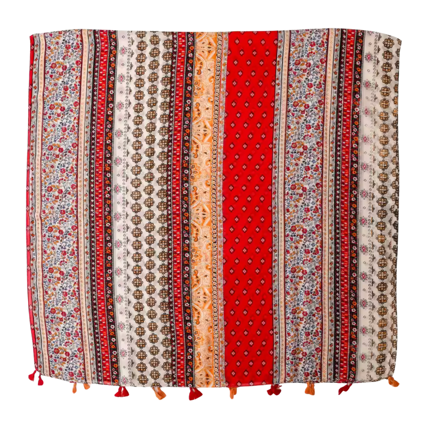 Vibrant Rich Red Tone and Floral Scarf with Tassels