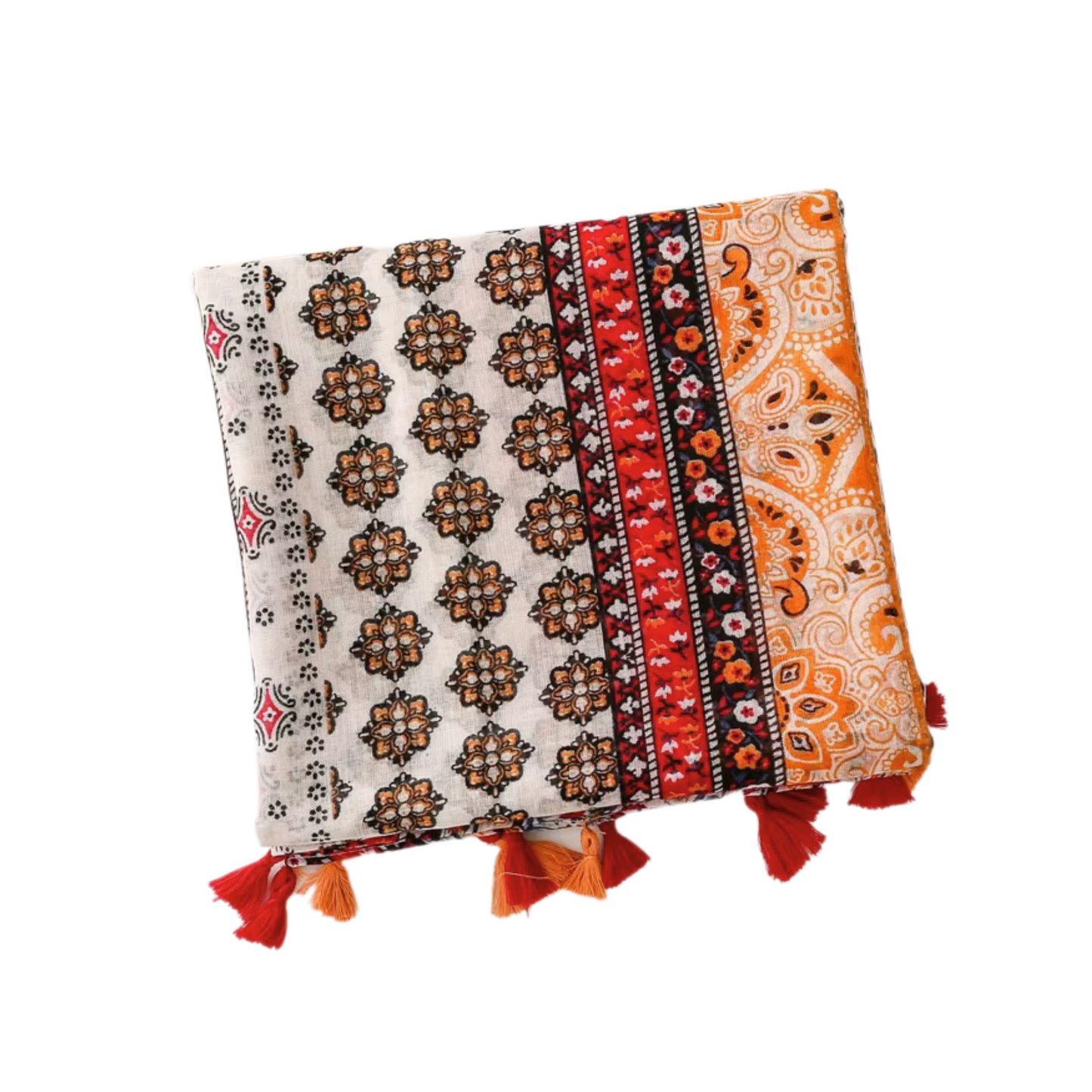 Vibrant Rich Red Tone and Floral Scarf with Tassels
