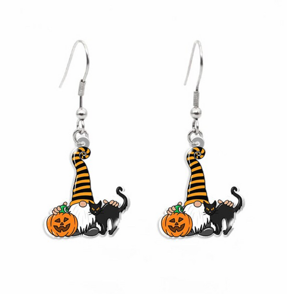 Halloween Gnome & Black Cat Drop Earrings