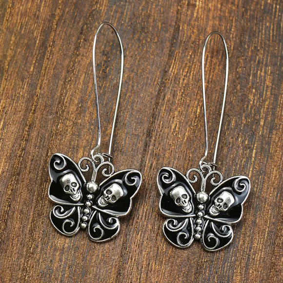 Silvertone & Black Skull Butterfly Earrings