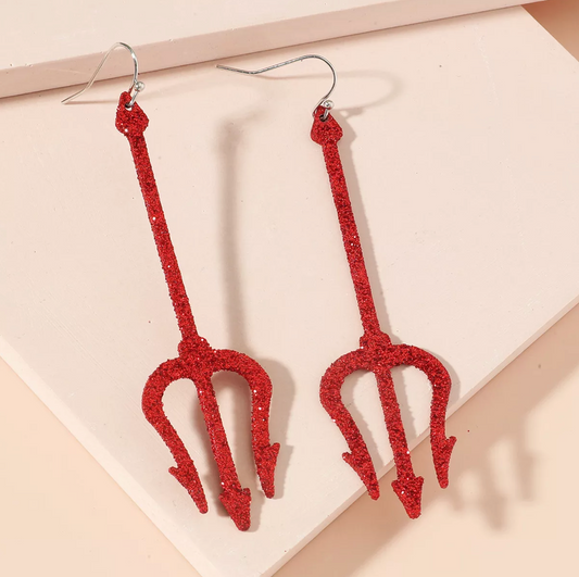 Red Glittering Pitch Fork Drop Earrings