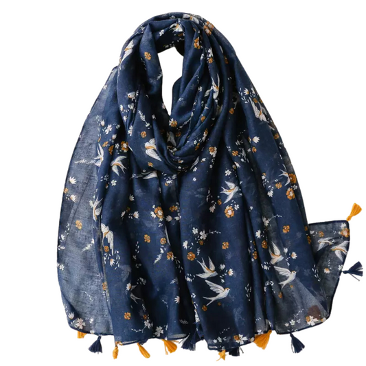 Navy Blue & Orange Birds Chiffon Scarf