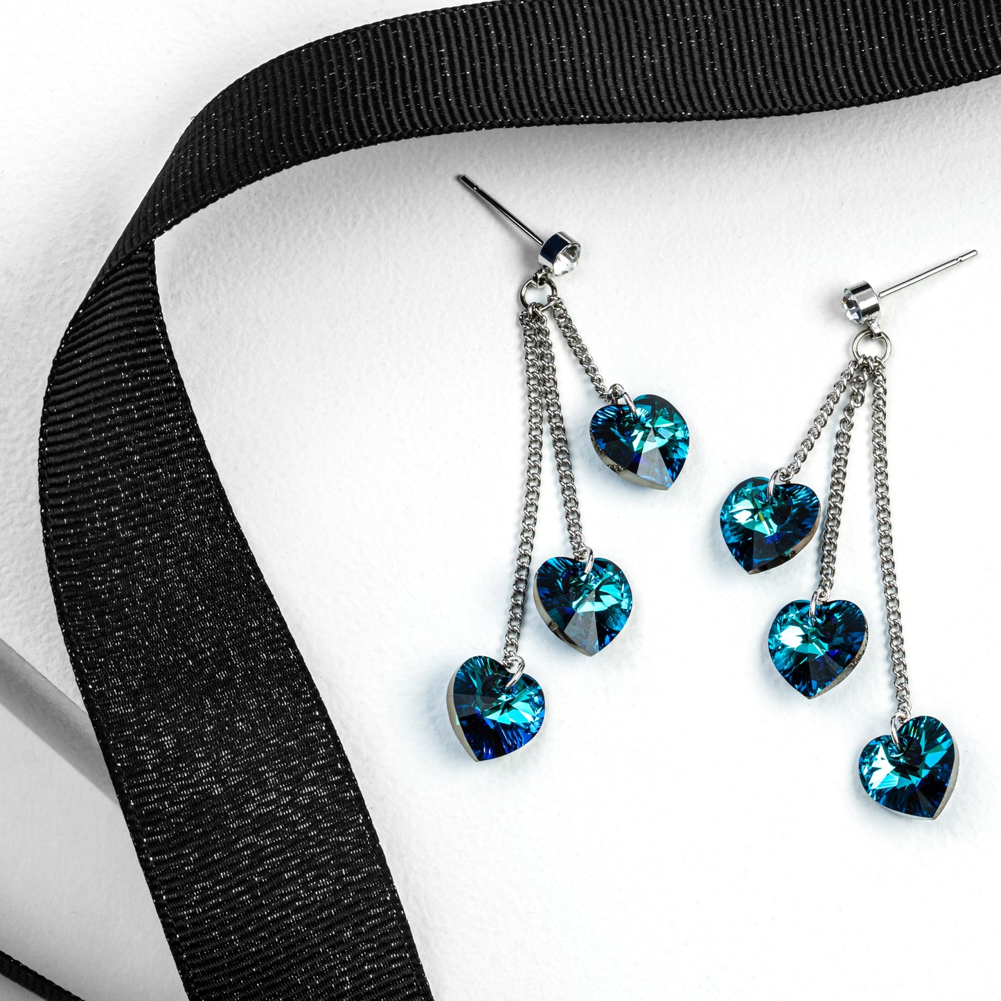 Bermuda Blue Triple Heart Drop Earrings With Swarovski Crystals