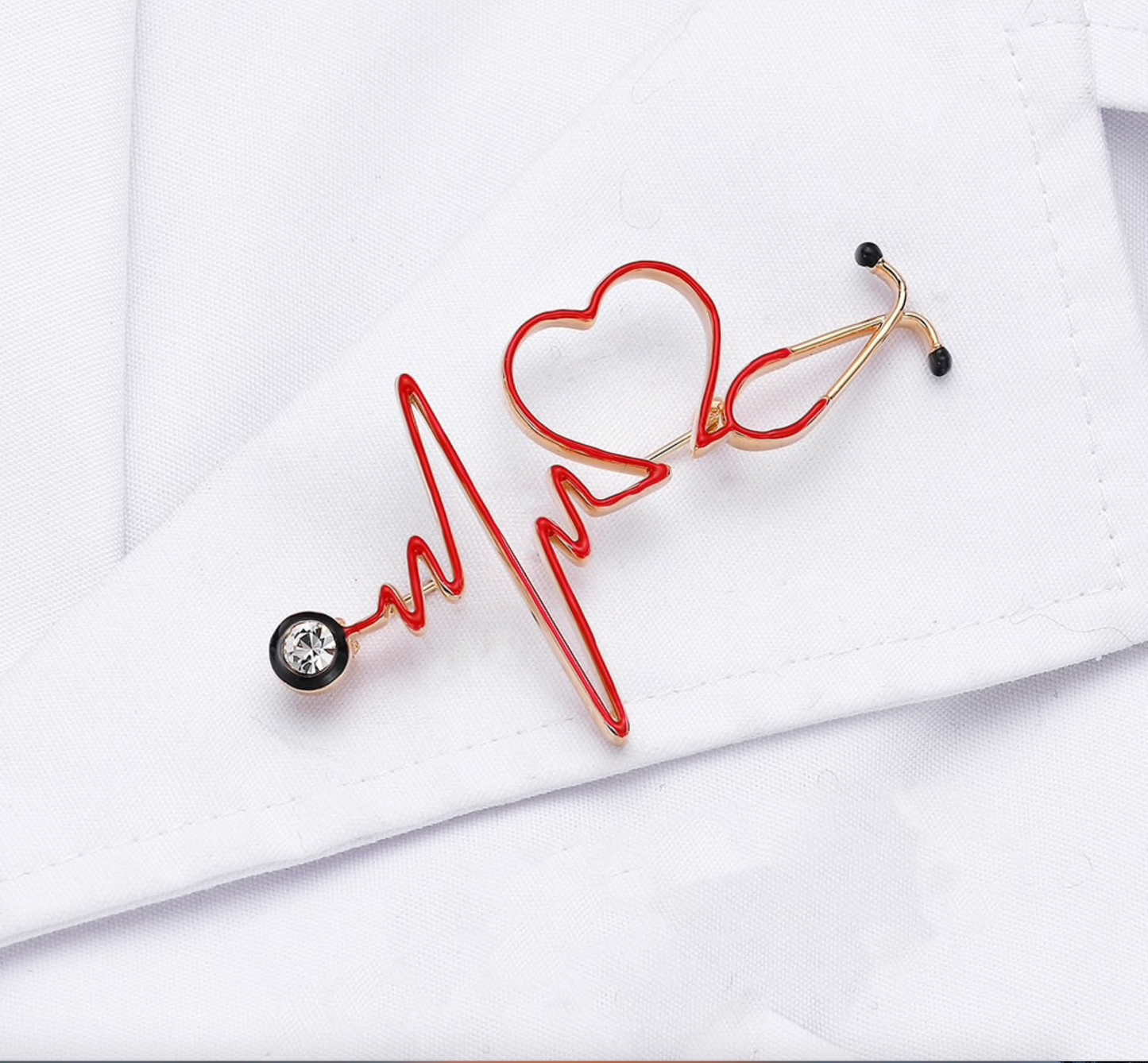 Goldtone Red Heart Stethoscope Brooch