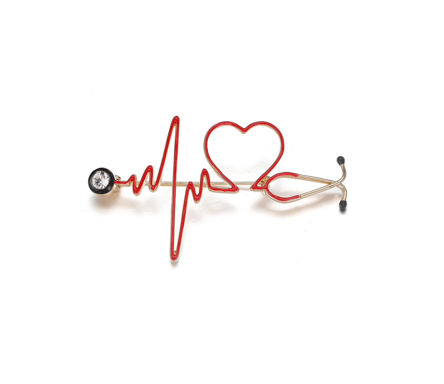 Goldtone Red Heart Stethoscope Brooch