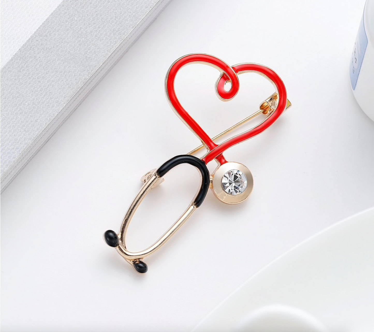 Goldtone Red Heart Stethoscope Brooch