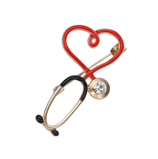 Goldtone Red Heart Stethoscope Brooch