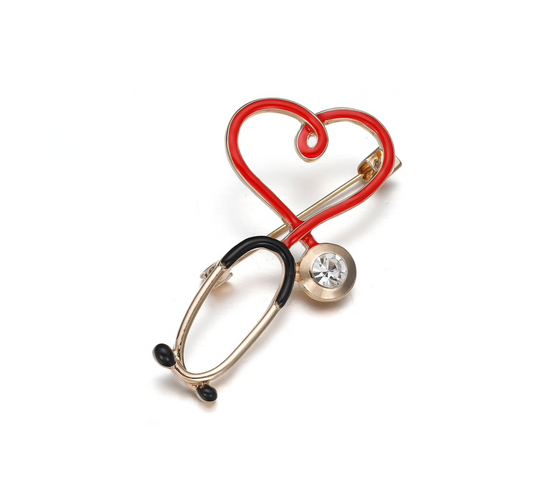 Goldtone Red Heart Stethoscope Brooch