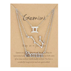 Silvertone Tri Zodiac Necklace Set - Symbol, Word And Constellation - Gemini