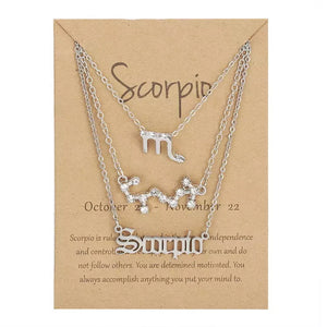 Silvertone Tri Zodiac Necklace Set - Symbol, Word And Constellation - Scorpio