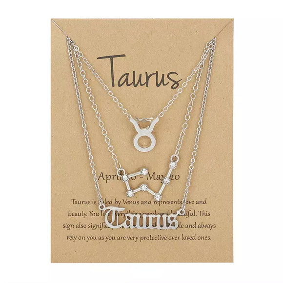 Silvertone Tri Zodiac Necklace Set - Symbol, Word And Constellation - Taurus