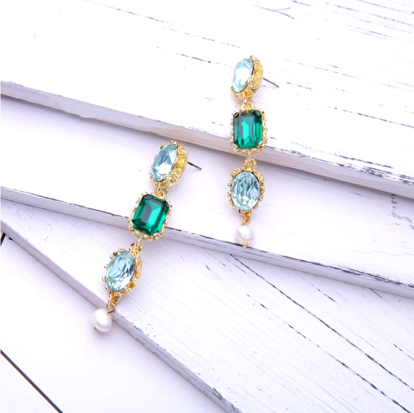 Blue Green Crystal Drop Earrings With Freshwater Pearl