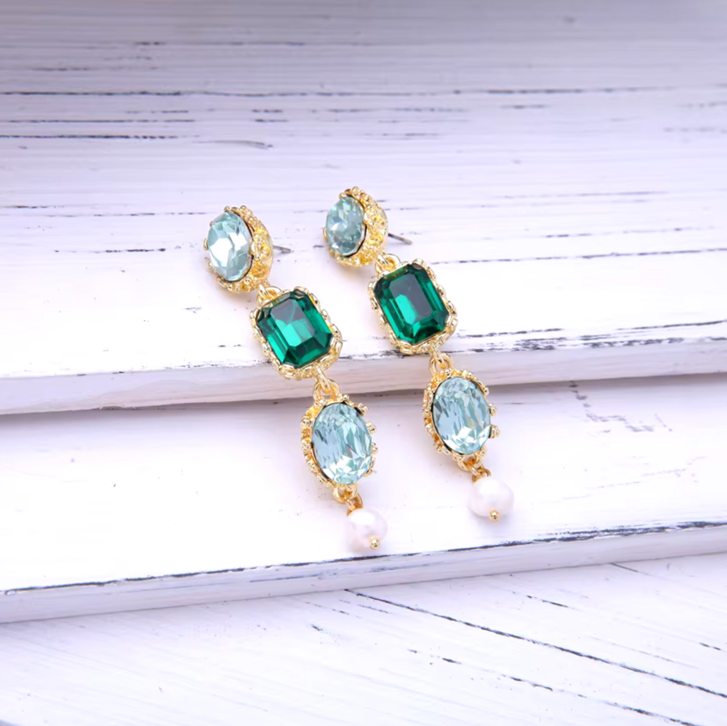 Blue Green Crystal Drop Earrings With Freshwater Pearl