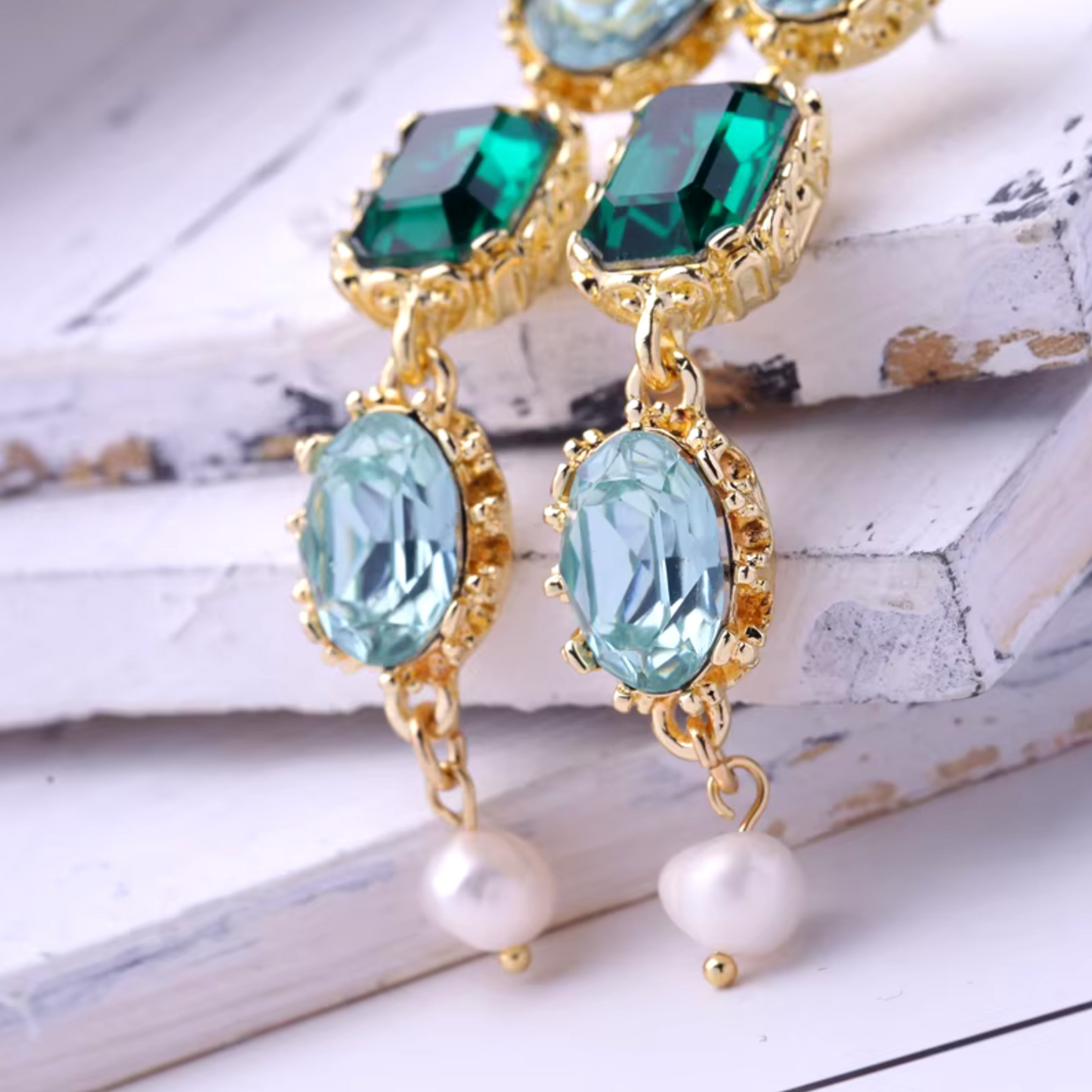 Blue Green Crystal Drop Earrings With Freshwater Pearl