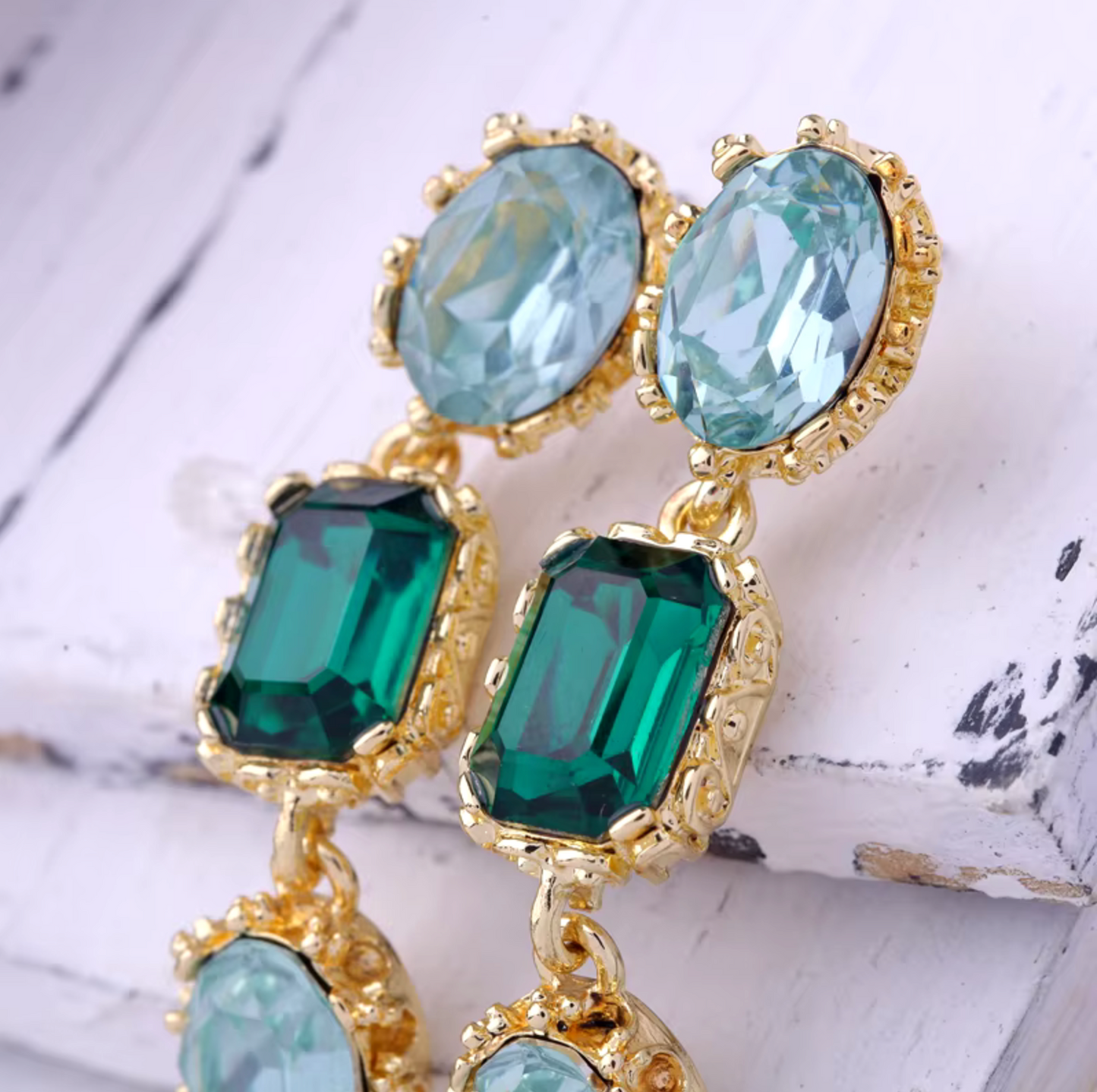 Blue Green Crystal Drop Earrings With Freshwater Pearl