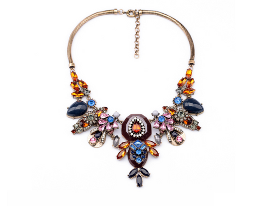 Vintage Brass & Multi Colored Crystal Statement Necklace