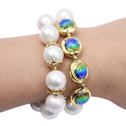 Shell Pearl & Murano Beaded Bracelet with Large Oval CZ Paved Clasp