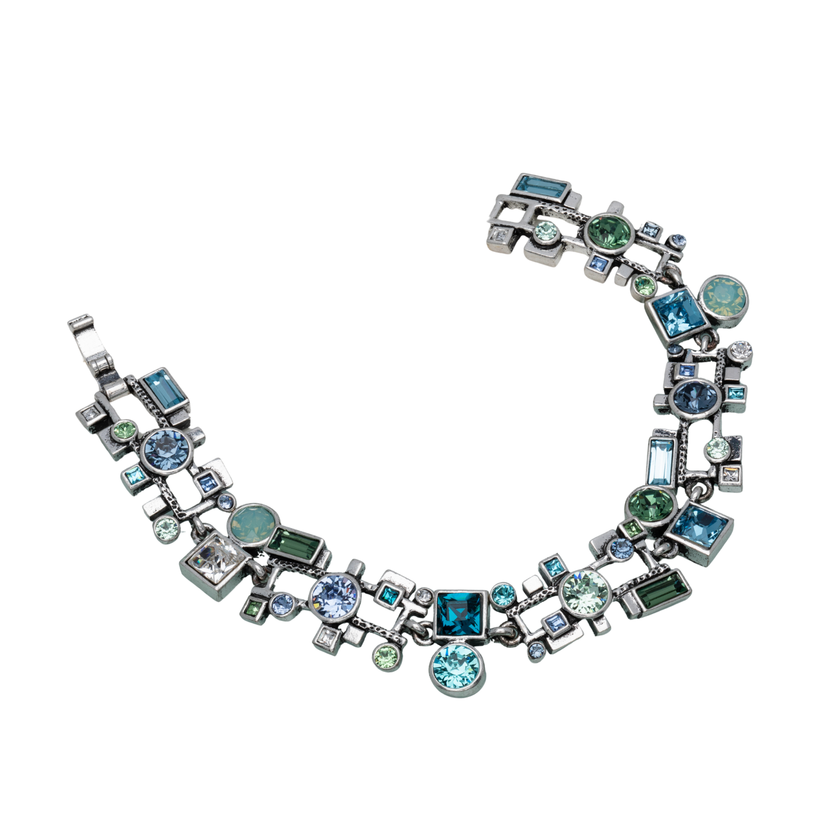 Geometric statement bracelet with Swarovski crystals, blue and green tones, bold mixed-cut design, 1.2" wide by callura