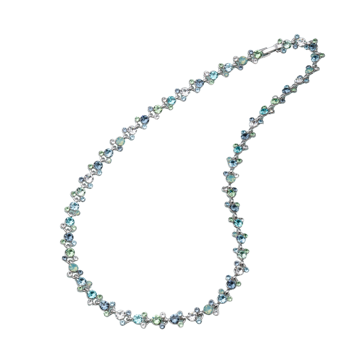 Swarovski crystal floral necklace with blue and green sparkle, rhodium-plated, elegant jewelry for weddings, gifts, and special events